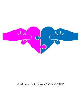 Two hand holding pieces of heart, reuniting it into one. Vector illustration of a love puzzle.
Simple style and isolated on a blank background. 