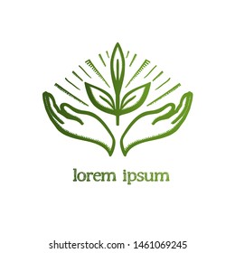 Planta de dos manos y cuidado por ella, concepto de logo vectorial con rayos de luz en el fondo