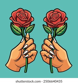 two hand holding roses vector