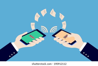 Two Hand Holding Smart Phone While Transfer Data, Illustration,vector