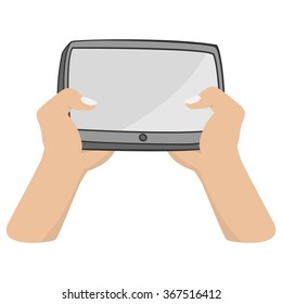 two hand holding smartphone or tablet on white background