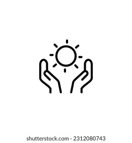 Two hand holding sun energy. Vector line icon black and white with green eco energy theme