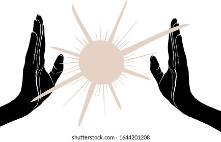 Two hand holding sun. Magical vector illustration. Super powers icon. Energy in hands.