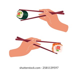 Two hand holding sushi roll with chopsticks. Vector illustration

