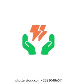 Two hand holding thunder electric energy. Vector solid color icon green and orange with green eco energy theme