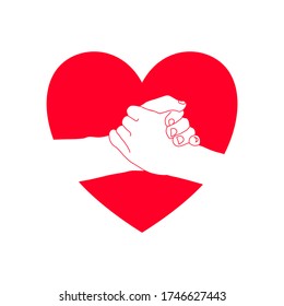 Dos manos se agarran en la forma del corazón rojo. Armonioso, acuerdo, relación, aliento, ayuda, negocios, compartir y concepto de amor. Vector de ilustración.