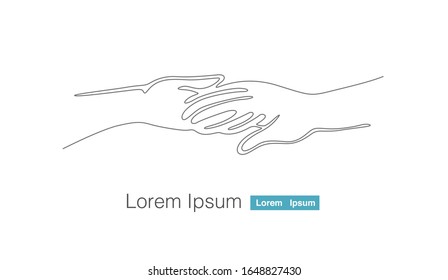 two hand holding together, take care, helping hand single continuous line drawing vector illustration on white background