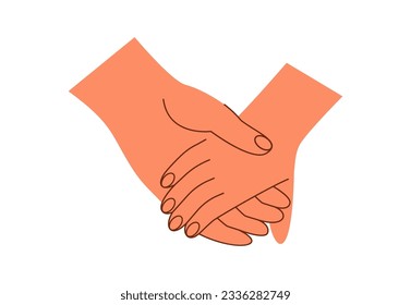 Two hand holding together, touching. Parent and child. Romantic couple. Support, love, care, relationship, friendship, gesture icon. Flat vector illustration isolated on white background