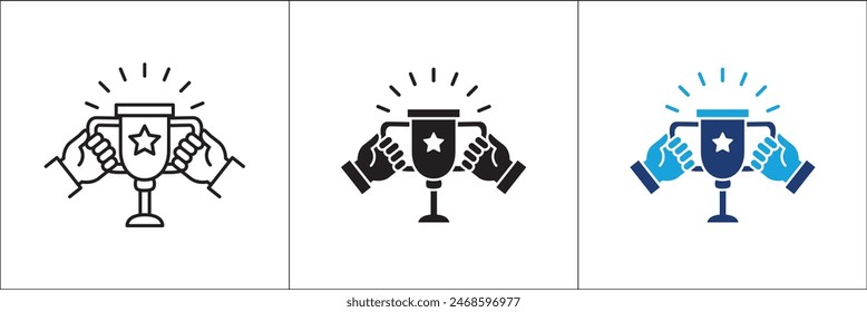 Dos manos sosteniendo un icono de trofeo. Icono del ganador. Símbolo de éxito. Símbolo de premio de campeón. Icono de negocio. Ilustración de stock de Vector. Aislado sobre fondo blanco. Plantilla de diseño de logotipo de Vector