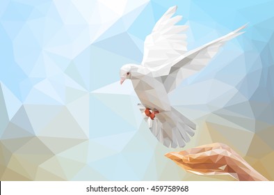Two Hand holding White Dove flying on sky in low poly style and international day of peace 