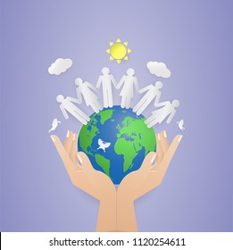 two hand holding world and people on the world.save nature,World Population Day, Ecology and Earth day concept.sun.cloud.butterfly.Vector illustration,paper cut,digital craft.