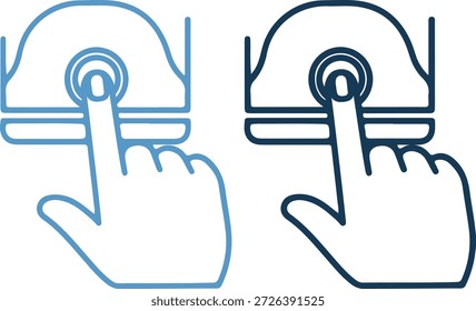 Dos iconos de la mano en azul claro y oscuro presionando los Botones en un fondo blanco puro con estilo simple del arte de línea