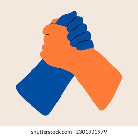 Two hand join strongly each other. Colorful vector illustration
