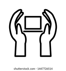 two hand with laptop isolated on white background ,Thin line icon ,Vector Illustration for symbol web stock
