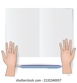 dos manos en la tarjeta de papel blanco se burlan de pen o pencil vector, listos para firmar o escribir, dibujar por negocios