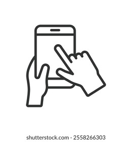 Two hand phone interaction, icon in line design. Two, hand, phone, interaction, touch, smartphone, gesture on white background vector. Two hand phone interaction editable stroke icon