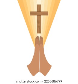 Two hand is praying with Christian cross and light. Concept of religion. Vector illustraiton.
