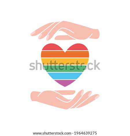 Two hand with rainbow colored heart. Gay Pride. LGBT concept. Lesbian, gay, bisexual, transgender concept, love symbol. LGBT heart flag. Equality and self-affirmation. Vector illustration
