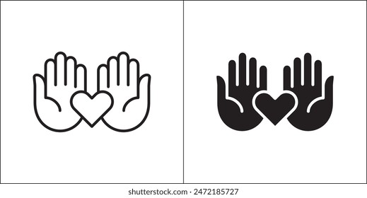 Two hand receiving aid icon. Two hands with hear symbol. Icon for charity, donation, compassion, solidarity and humanitarian. Vector Stock logo illustration in flat and line design style.