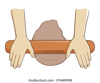 Two hand rolling dough with a wooden roller, vector illustration