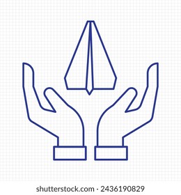 Avión de papel seguro de dos manos en el fondo blanco de la rejilla del libro, concepto de seguridad de seguro del avión o de protección del transporte de la mosca