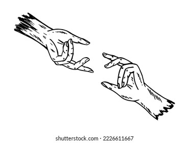 Two hand sketch hand drawn vector illustration. Two hand reaching out each other drawing concept black outline vector.