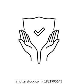 two hand with thin line shield and checkmark. simple lineart style trend linear cupped logotype graphic stroke art design isolated on white. concept of best choice service or charity foundation emblem