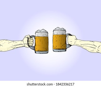 Two hand toasting with beer mugs for celebration concept. Hand drawn vector illustration.