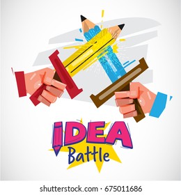 two hand  using pencil as sword fighting. idea battle or creativity competitions concept - vector illustration