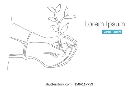 two hand wearing glove holding small plant side view. ecology, save the earth concept one line continuous drawing vector illustration style