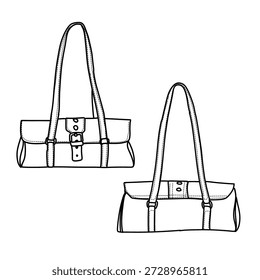 Zwei Handtaschendesigns mit Schultergurt und Schnallenverschluss, perfekt für Modeillustrationen und Accessoire-Designprojekte.