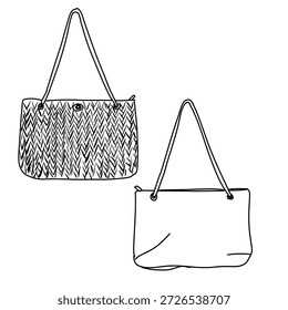Zwei Handtaschendesigns werden präsentiert - eines mit einem gewebten Muster und das andere mit einer einfachen, minimalistischen Tasche, beide mit Schultergurten und einem Top-Reißverschluss.