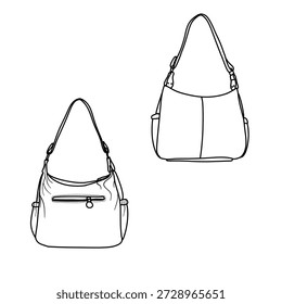 Dois desenhos de bolsa são mostrados, um é um saco de ombro e o outro é um saco hobo. Ambos os sacos têm uma alça de ombro e são projetados com bolsos.