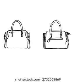 Two handbag illustrations showcasing a classic design with handles and zipper details, rendered in clean, minimalist line art.