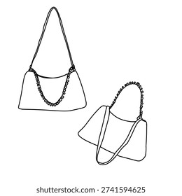 Two handbag sketches featuring a shoulder bag with a beaded strap and a classic handbag design, showcasing fashion accessories.