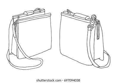 Two handbags. Various points of view. Hand drawn sketch cross body bag, artistic line art illustration.