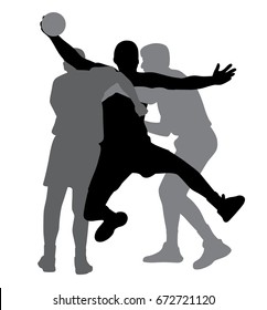 Two handball players blocking opponent player 