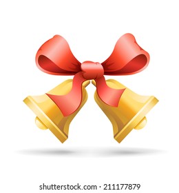 Two handbells tied a red ribbon on the white background