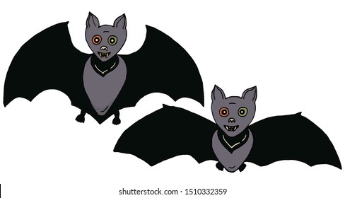 Two hand-drawn bats on a white background. Decorative element for Halloween. Vector.