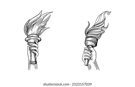 Duas tochas pretas e brancas desenhadas à mão com chamas, cada uma segurada por uma mão.