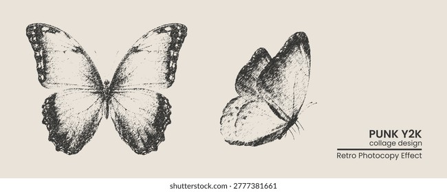Two hand-drawn butterfly illustrations in a vintage sketch style. High-contrast black and white ink drawings with a retro photocopy texture, perfect for Y2K punk collage designs.