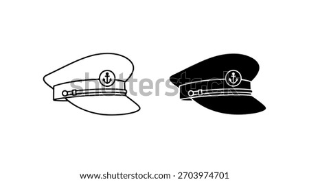 Two hand,drawn captain,s hats, one in outline and one filled in black, featuring an anchor emblem.