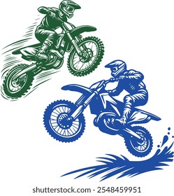 Two hand-drawn designs of an acrobatic motorcycle rider performing stunts, ideal for extreme sports and adrenaline-themed artwork.