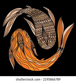 Two hand-drawn doodle fish floating around in an Asian style