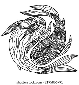 Two hand-drawn doodle fish floating around in an Asian style