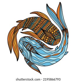 Two hand-drawn doodle fish floating around in an Asian style