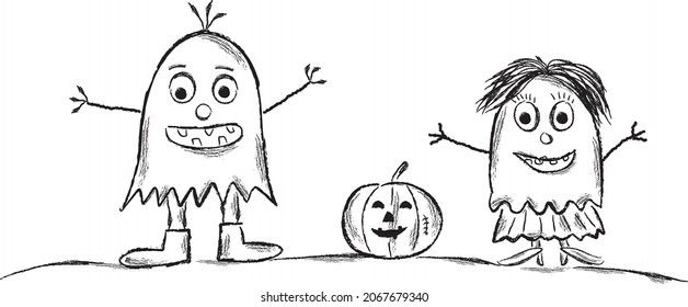 Two hand-drawn ghosts celebrate Halloween and there is a hollowed-out pumpkin between them