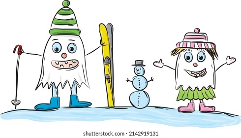 Two hand-drawn ghosts go skiing in winter. They have hats on their heads and a snowman between them	
