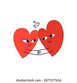 Two hand-drawn hearts are holding hands and looking into each other's eyes. Doodle couple of happy hearts full of love hugging. Vector stock illustration isolated on white background.