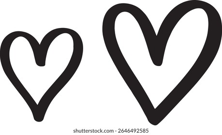 Two Hand-Drawn Hearts of Varying Sizes Conveying Love and Affection, Simple Black and White Design, Minimalist Romantic Artwork